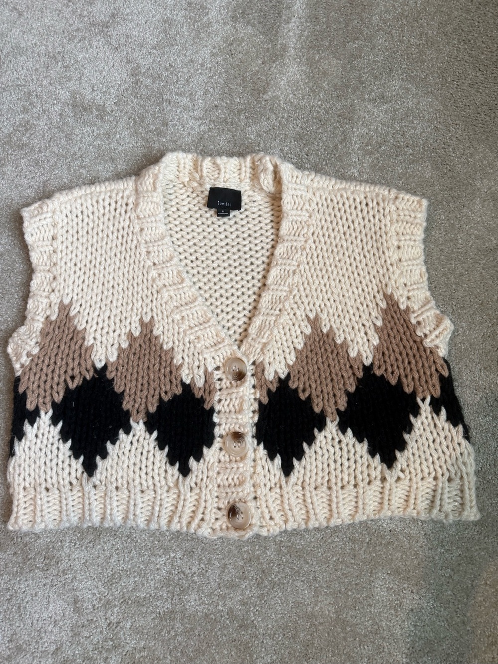 Lumiere Cream V-Neck Cropped Knit Vest with Beige and Black Argyle